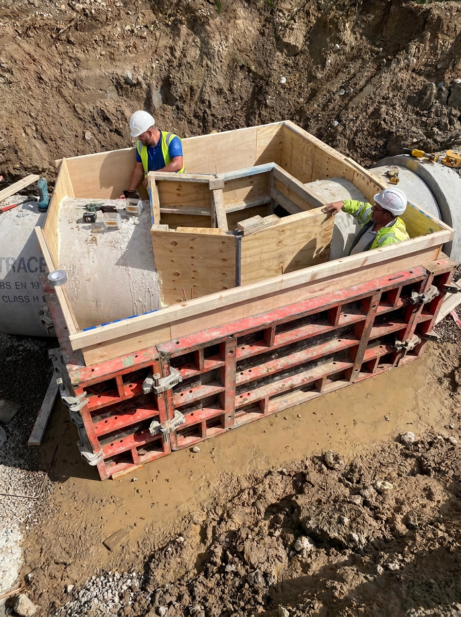 Concrete chamber formwork with large-diameter pipes